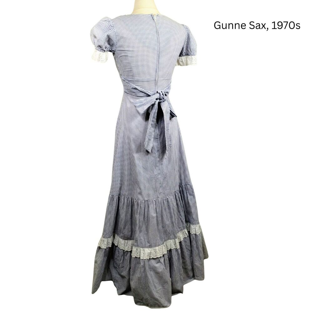 Vtg 70s Gunne Sax Maxi Dress cotton lace collar gingham blue check XS - Picture 2 of 9